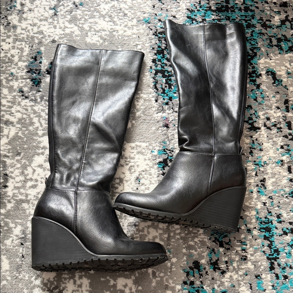 Classic Black Wedge Knee-High Boots - Women's